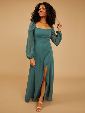 ブルーグリーンブライズメイドドレス Aライン マキシレングス ジッパー シフォン ウェディングパーティードレス