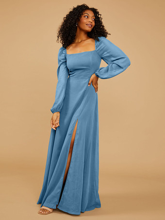 ダズリンブルーブライズメイドドレス Aライン マキシレングス ジッパー シフォン ウェディングパーティードレス