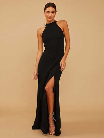 ブラックブライドメイドドレス シフォン Aライン マキシレングス プロムドレス