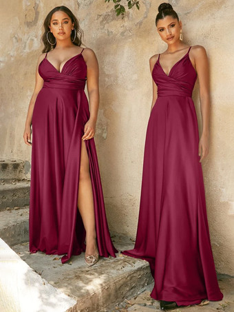 バーガンディーブライズメイドドレス Aライン マキシレングス ジッパー サテン生地 ウェディングパーティードレス