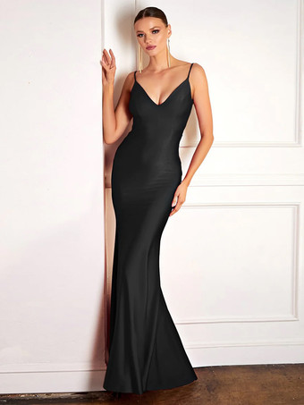 ブラックブライズメイドドレス マーメイド マキシレングス ジッパー 弾性シルクのようなサテン ウェディングパーティードレス