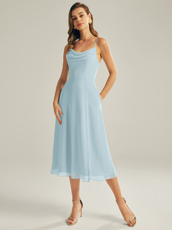 ベビーブルーショートブライズメイドドレス シフォン ノースリーブ ジッパー スクエアネック ウェディングパーティードレス