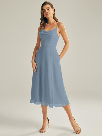 スレートグレー ショートブライズメイドドレス シフォン ノースリーブ ジッパー スクエアネック ウェディングパーティードレス