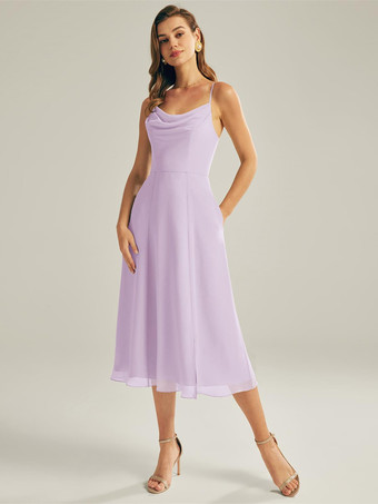 ラベンダーショートブライズメイドドレス シフォン ノースリーブ ジッパー スクエアネック ウェディングパーティードレス