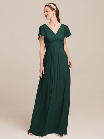 ダークグリーンブライドメイドドレス シフォン Aライン マキシレングス フォーマルガウン