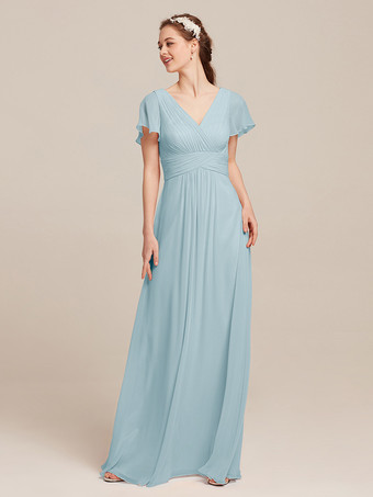 ベビーブルーブライドメイドドレス シフォン Aライン マキシレングス フォーマルガウン