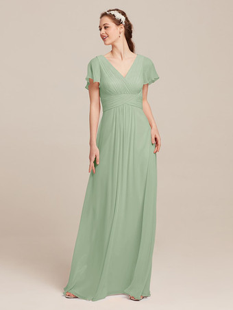 セージグリーンブライドメイドドレス シフォン Aライン マキシレングス フォーマルガウン