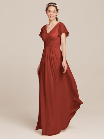 ブリックレッドブライドメイドドレス シフォン Aライン マキシレングス フォーマルガウン