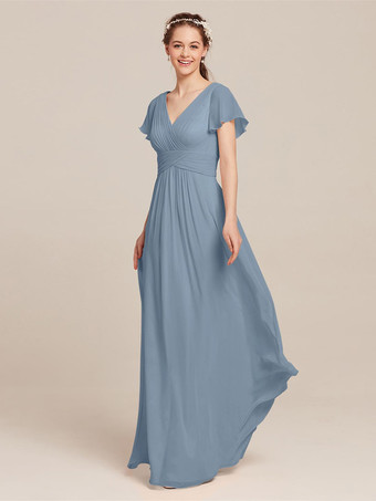 スレートグレー ブライドメイドドレス シフォン Aライン マキシレングス フォーマルガウン
