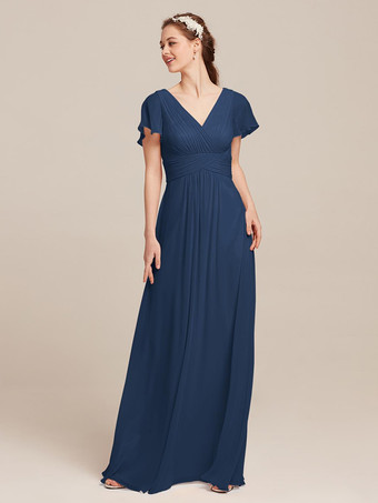 ダークネイビーブライドメイドドレス シフォン Aライン マキシレングス フォーマルガウン