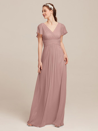 サーモンピンクブライドメイドドレス シフォン Aライン マキシレングス フォーマルガウン