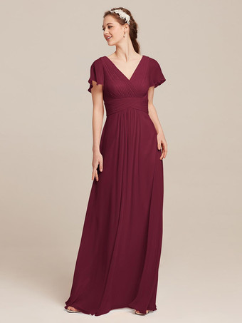 バーガンディーブライドメイドドレス シフォン Aライン マキシレングス フォーマルガウン