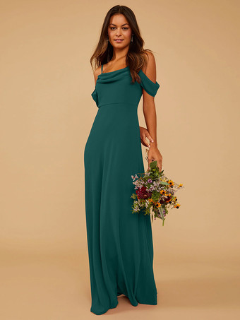 ダークグリーンブライドメイドドレス Aライン マキシレングス ジッパー シフォン プロムドレス