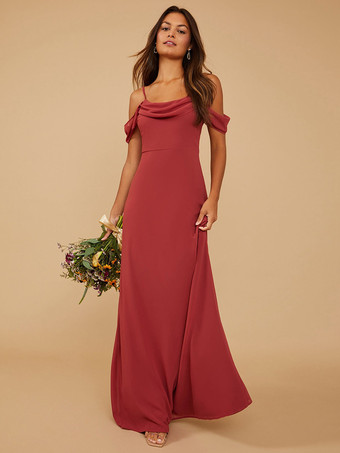 ブリックレッドブライドメイドドレス Aライン マキシレングス ジッパー シフォン プロムドレス