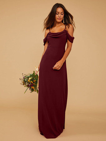 バーガンディーブライドメイドドレス Aライン マキシレングス ジッパー シフォン プロムドレス