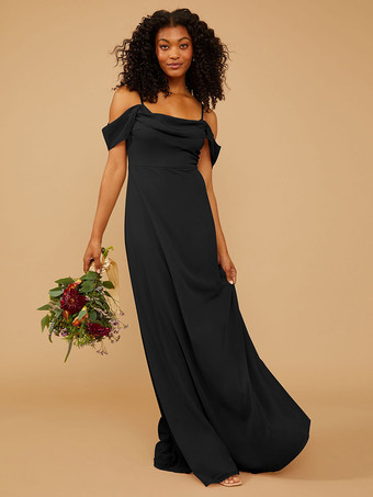 ブラックブライドメイドドレス Aライン マキシレングス ジッパー シフォン プロムドレス