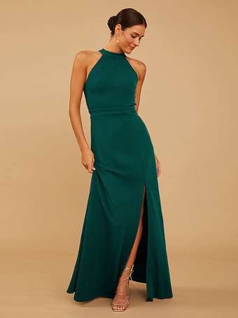 ダークグリーンブライドメイドドレス シフォン Aライン マキシレングス プロムドレス