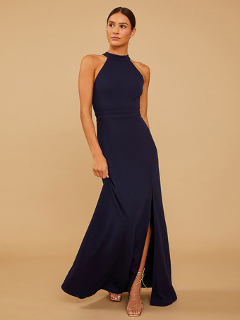 ダークネイビーブライドメイドドレス シフォン Aライン マキシレングス プロムドレス