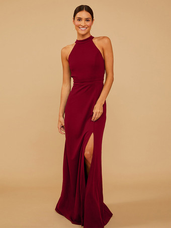 バーガンディーブライドメイドドレス シフォン Aライン マキシレングス プロムドレス