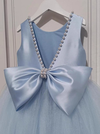 フラワーガールドレス ベビーブルー チュール ノースリーブ ジュエルネック フラワーガールドレス