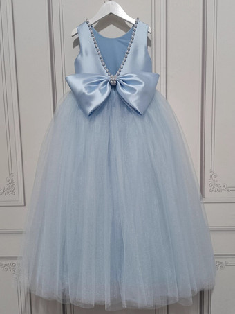 フラワーガールドレス ベビーブルー チュール ノースリーブ ジュエルネック フラワーガールドレス