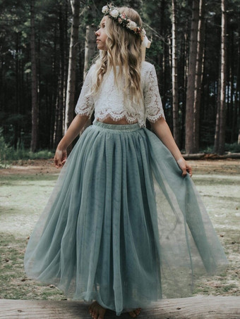 フラワーガールドレス ブルーグレー チュール 半袖 ジュエルネック フラワーガールドレス