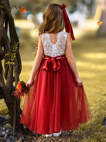 フラワーガールドレス レッドレース ノースリーブ ジュエルネック フラワーガールドレス