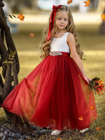 レッド フラワーガールドレス レッドレース ノースリーブ ジュエルネック フラワーガールドレス