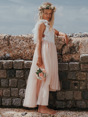 ソフトピンク美しいボヘミアン風の素朴な蝶のシアンチュールのノースリーブのジュエルネックのフラワーガールドレス