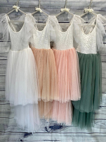 アイボリー美しいボヘミアン風の素朴な蝶のシアンチュールのノースリーブのジュエルネックのフラワーガールドレス