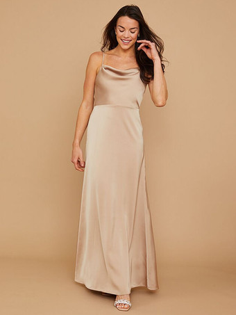 シャンパンブライドメイドドレス シース マキシレングス ジッパー サテン生地 ウェディングパーティードレス