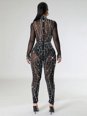 魅力的なジャンプスーツ ラインストーン シアー ロングスリーブ スキニー ロンパース