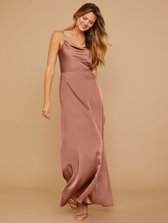 ダークピンクブライドメイドドレス シース マキシレングス ジッパー サテン生地 ウェディングパーティードレス