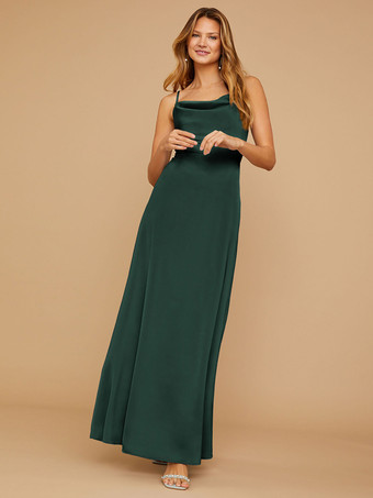 ダークグリーンブライドメイドドレス シース マキシレングス ジッパー サテン生地 ウェディングパーティードレス
