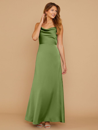 アボカドグリーンブライドメイドドレス シース マキシレングス ジッパー サテン生地 ウェディングパーティードレス
