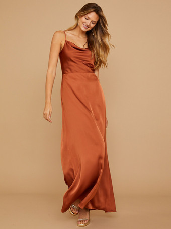 ブリックレッドブライドメイドドレス シース マキシレングス ジッパー サテン生地 ウェディングパーティードレス