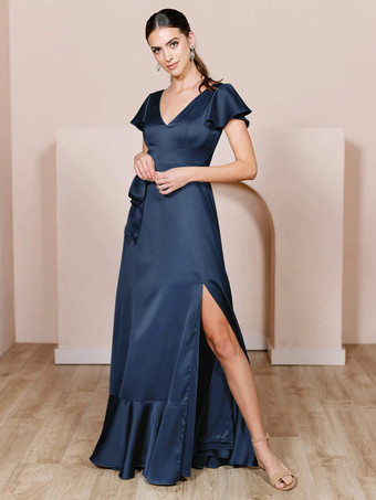 Dark NavyBridesmaid Dresses Satin Fabric A-Line Floor-Length Wedding Party Dress