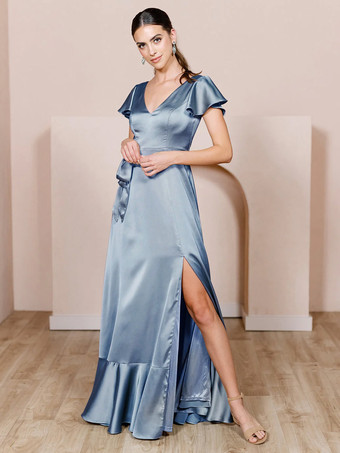 Blue GrayBridesmaid Dresses Satin Fabric A-Line Floor-Length Wedding Party Dress