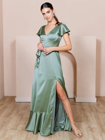 SageBridesmaid Dresses Satin Fabric A-Line Floor-Length Wedding Party Dress