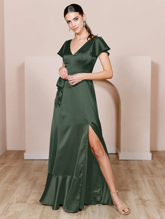 Dark GreenBridesmaid Dresses Satin Fabric A-Line Floor-Length Wedding Party Dress