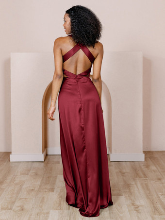 ブライドメイドドレス サテン生地 Aライン マキシレングス フォーマルガウン