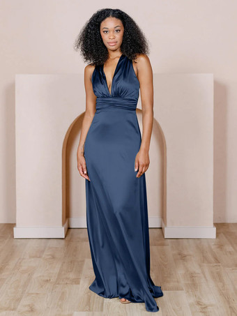 ダークネイビーブライドメイドドレス サテン生地 Aライン マキシレングス フォーマルガウン