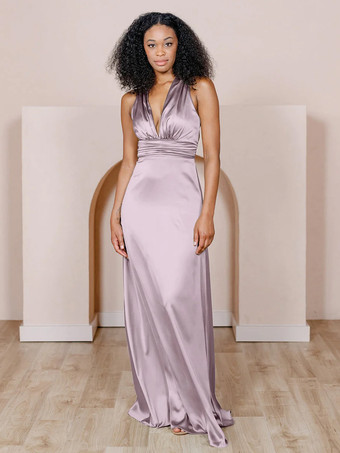 ラベンダーブライドメイドドレス サテン生地 Aライン マキシレングス フォーマルガウン