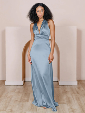 スレートグレー ブライドメイドドレス サテン生地 Aライン マキシレングス フォーマルガウン