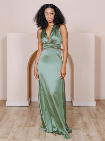 セージグリーンブライドメイドドレス サテン生地 Aライン マキシレングス フォーマルガウン