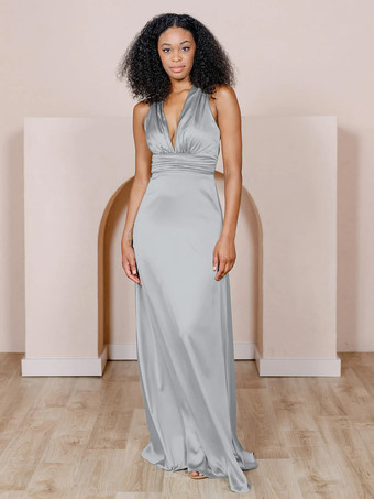 ベビーブルーブライドメイドドレス サテン生地 Aライン マキシレングス フォーマルガウン