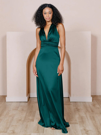 ダークグリーンブライドメイドドレス サテン生地 Aライン マキシレングス フォーマルガウン