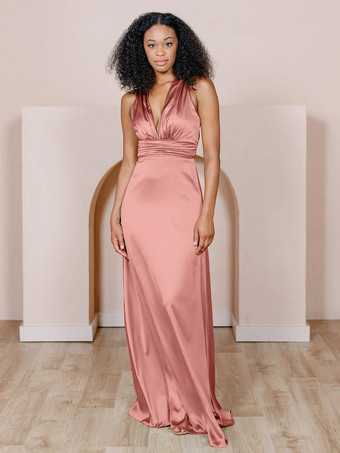 ダークピンクブライドメイドドレス サテン生地 Aライン マキシレングス フォーマルガウン