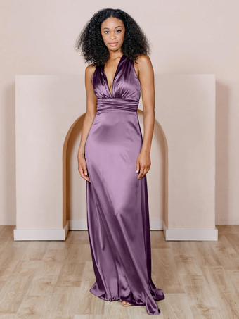 ライラックブライドメイドドレス サテン生地 Aライン マキシレングス フォーマルガウン