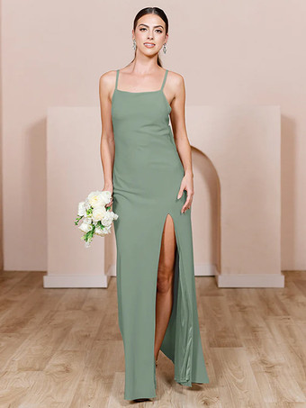 アボカドグリーンブライドメイドドレス チュール シース マキシレングス フォーマルガウン